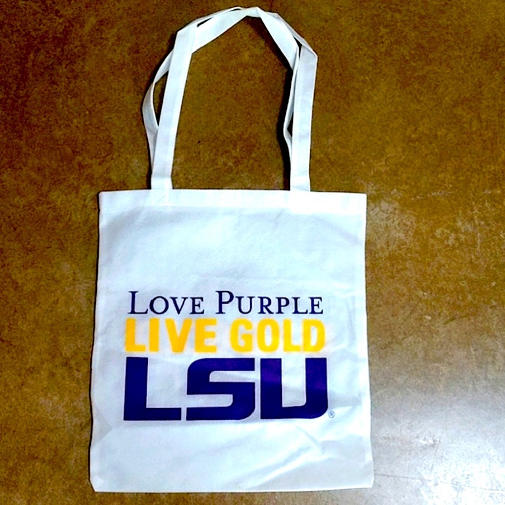 LSU Tiger fan reusable tote bag. Love Purple Live Gold.  13 x 14.5"